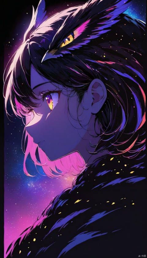 girl, realistic,  glowing frame, backlight colors, silhouette colors, cosmic frame, powerful owl, profile in a frame, silhouette, backlighting, vibrant,magical night sky, illustration, soft, beautiful, dreamy, realistic, professional, simple, twinkling night sky, extremely detailed, hyper detailed, illustration, half finished sketch, half colored sketch, anime, masterpiece, bright colors, high contrast, vivid lighting, dark background, simple background, mad-spiral-galaxy, sdmai