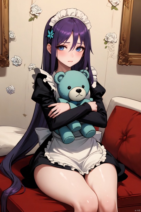  1girl, solo, long hair, looking at viewer, bangs, blue eyes, long sleeves, dress, holding, hair between eyes, sitting, very long hair, closed mouth, purple hair, flower, frills, puffy sleeves, apron, black dress, maid, maid headdress, rose, stuffed toy, stuffed animal, bug, white flower, juliet sleeves, butterfly, teddy bear, object hug, white rose, holding stuffed toy, picture frame, blue butterfly, girl,Flat coating,MATURE FEMALE
