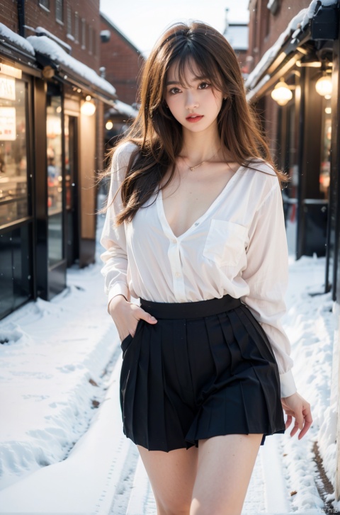 Canon RF85mm f/1.2,masterpiece,best quality,ultra highres,cowbody shot,1 girl,beautiful long legs,(korean mixed,kpop idol:1.2),solo,shiny_skin,very white skin,necklace,earrings,jewelry,(long_brown_wavy_hair,bangs),red_shiny_lips,eyelashes,make-up,shiny,Pore,skin texture,big breasts,(standing outside in snowy city street):1.5, liuyifei,Bare legs, JK