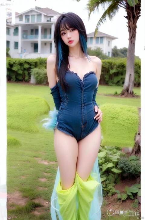 (full body:1.3),(realistic:1.4),(Photo-referencing),HDR,(Studio Lighting),Soft Lighting,(Accent Lighting:1.21),(colorful:1.3),(outdoors:1.33),(arms behind back:1.4),1girl,solo,(blue hair:1.33),long sleeves,looking at viewer,bangs,(long hair:1.2),closed mouth,yellow eyes,hair between eyes,multicolored eyes,purple eyes,sidelocks,high ponytail,straight hair,sweptbangs,,1girl,bare shoulders,blonde hair,(colorfulfeatherportrait:1.3),facepaint,feather hair ornament,feathers,hair ornament,lips,long hair,makeup,mascara,portrait,realistic,solo,upper body, Light master,