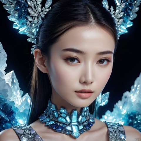  cinematic, fashion photo of a beautiful girl named angelababy in the style of neomorphism, the transformation of minerals into polymorphs, glowing crystals, hyper detailed, photorealistic, detailed glow, ambient occlusion, ambient light