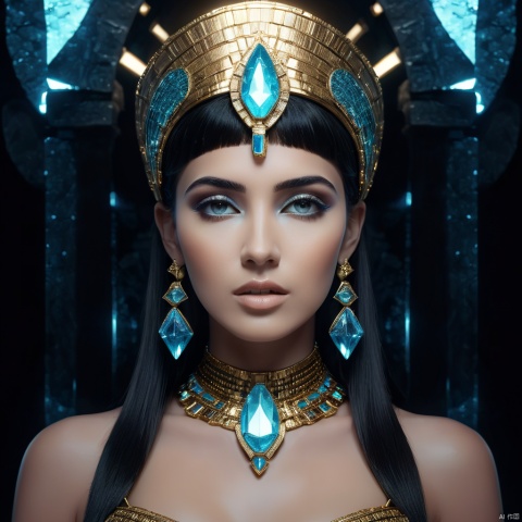  cinematic, fashion photo of a beautiful girl named Cleopatra VII in the style of neomorphism, the transformation of minerals into polymorphs, glowing crystals, hyper detailed, photorealistic, detailed glow, ambient occlusion, ambient light