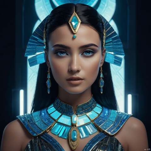  cinematic, fashion photo of a beautiful girl named Cleopatra VII Thea Philopator in the style of neomorphism, the transformation of minerals into polymorphs, glowing crystals, hyper detailed, photorealistic, detailed glow, ambient occlusion, ambient light