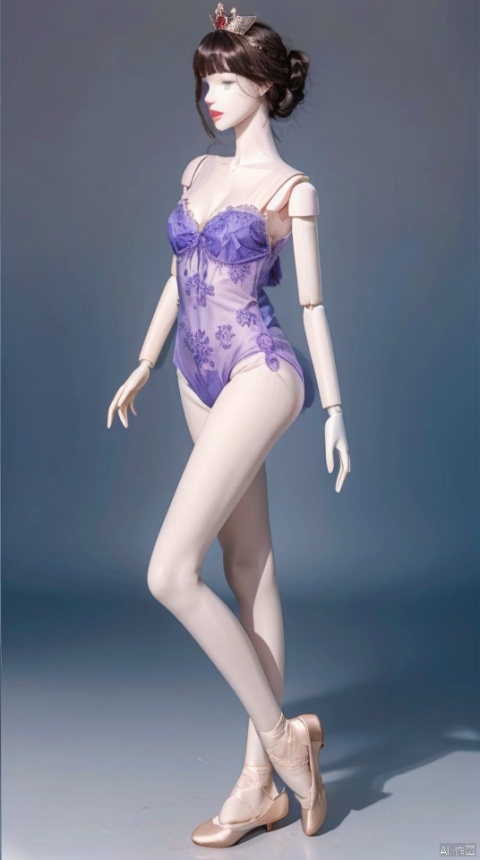  (1mannequin:1.5), tutu, ballerina, solo, breasts, ballet slippers, brown hair, ballet, crown, athletic leotard, looking at viewer, leotard, bare shoulders, collarbone, full body, arched back, see-through, cleavage, mini crown, bangs, small breasts, dress, hair ornament, one side up, blue eyes, simple background, purple eyes, long hair,moyou