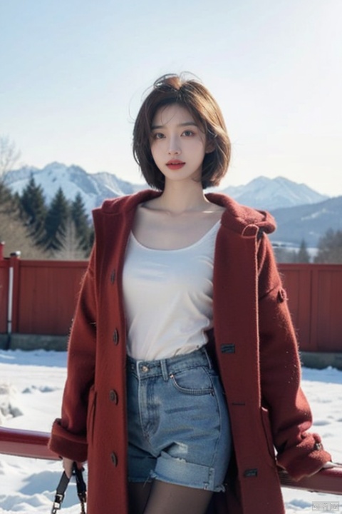  Outdoor scenery, snow view, Snow Mountain, 1mannequin, red wool coat, pretty face, short hair, blonde hair, (photo reality: 1.3) , Edge lighting, (high detail skin: 1.2) , 8K Ultra HD, high quality, high resolution, the best ratio of four fingers and a thumb, (photo reality: 1.3) , wearing a red coat, white shirt inside, big chest, solid color background, solid red background, advanced feeling, texture full,, Xiqing, HSZT, Xiaxue, dongy,  magic eyes, black 8d smooth stockings, 