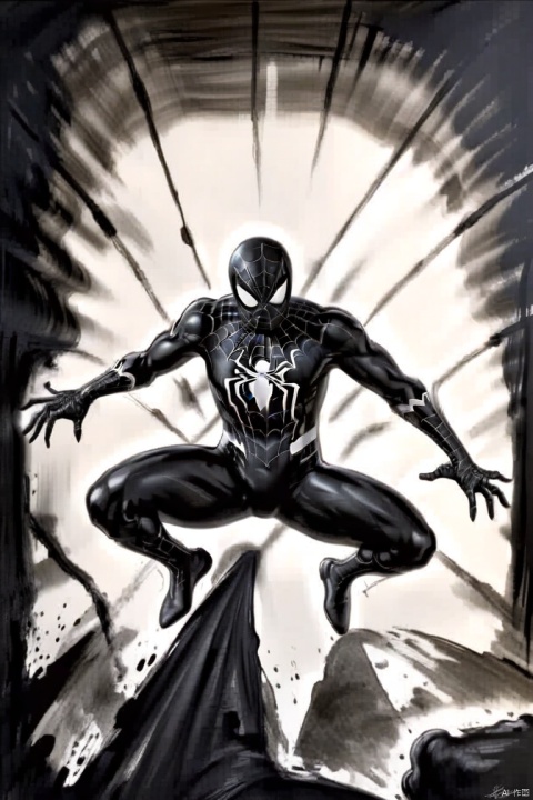  (masterpiece) 1mannequin in a black  Spider-Man suit, ink painting, full body, HDR, ultra realistic, 8k, intricated detail, trending on artstation,
 ink paniting, spiderman