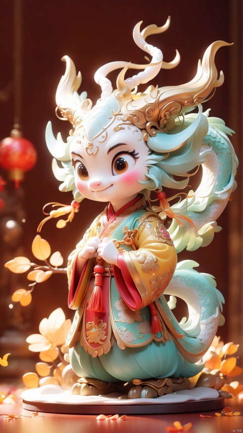  A cute traditional Chinese dragon, beautiful, personify, a cute little boy in ancient Chinese costume glowing, incredibly high detail, Alexandra Zutto's style oriental art,simple solid color background, Warm tone,high saturation, octane rendering, art studio pop,POPMART blind box design,DISNEY, Pixar, 3D rendering, OC rendering, antlers of deer,
