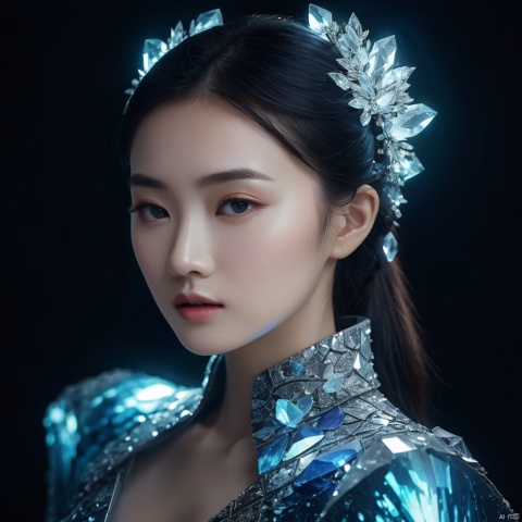  cinematic, fashion photo of a beautiful girl named yang ying in the style of neomorphism, the transformation of minerals into polymorphs, glowing crystals, hyper detailed, photorealistic, detailed glow, ambient occlusion, ambient light