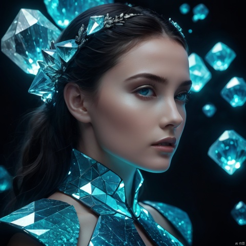  cinematic, fashion photo of a beautiful girl named  Thea Philopator in the style of neomorphism, the transformation of minerals into polymorphs, glowing crystals, hyper detailed, photorealistic, detailed glow, ambient occlusion, ambient light