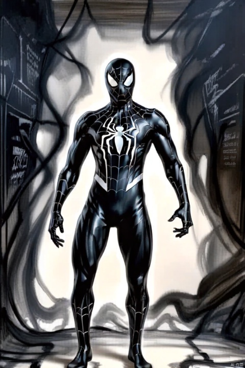  (masterpiece) (((1mannequin in a black  Spider-Man suit))), ink painting, full body, HDR, ultra realistic, 8k, intricated detail, trending on artstation,
 ink paniting,