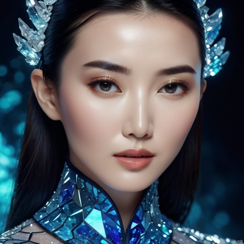  cinematic, fashion photo of a beautiful girl named li bingbing in the style of neomorphism, the transformation of minerals into polymorphs, glowing crystals, hyper detailed, photorealistic, detailed glow, ambient occlusion, ambient light