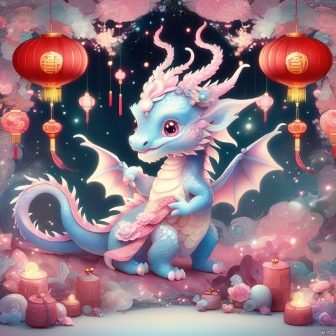  poakl Chinese newyear style,A cute dragon baby with a bow and a glowing horn, ,
