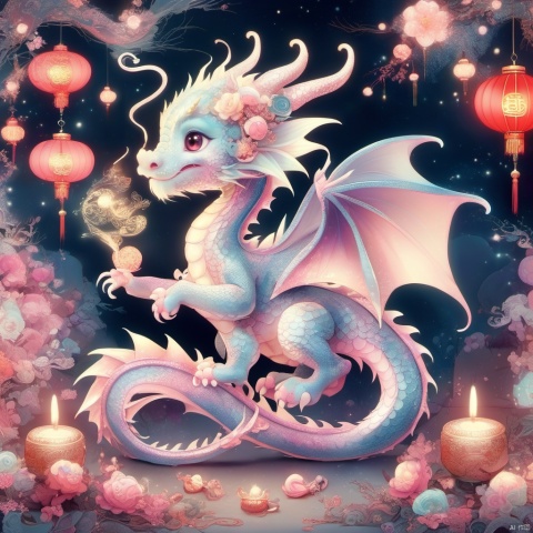  poakl Chinese newyear style,A cute dragon baby with a bow and a glowing horn, ,