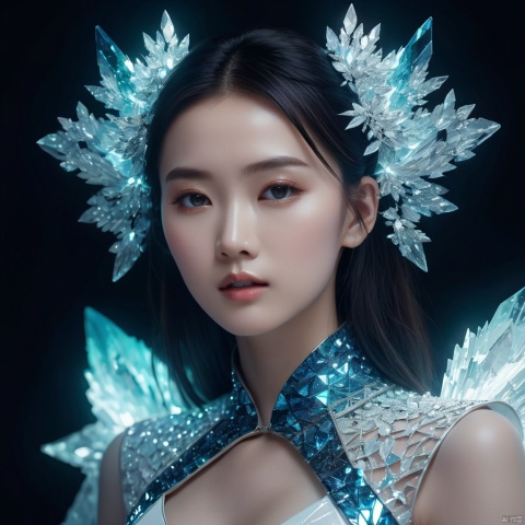  cinematic, fashion photo of a beautiful girl named li xuehua in the style of neomorphism, the transformation of minerals into polymorphs, glowing crystals, hyper detailed, photorealistic, detailed glow, ambient occlusion, ambient light