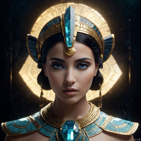  cinematic, fashion photo of a beautiful girl named Cleopatra VII in the style of neomorphism, the transformation of minerals into polymorphs, glowing crystals, hyper detailed, photorealistic, detailed glow, ambient occlusion, ambient light