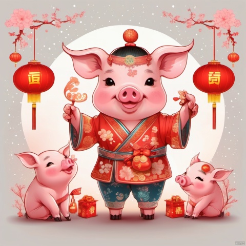  poakl Chinese newyear style,A cute pig with a bow and a glowing horn, ,