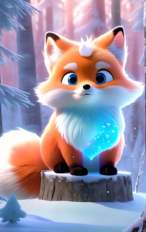  MG_ip,Pixar,snow,1 fox,Ice blue fur, (masterpiece,best quality,official art:1.05),full body,sitting,looking at viewer,solo,[rad|blue] eyes,white hair,wind,leaf,pink tree,forest, in a jar, (ultra-detailed), bell, Masterpiece, anime,8k,best quality, animal, fairy tale style
