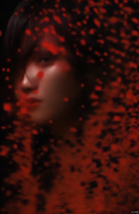  ,abstract portrait of 1girl,undefined gender,fragmented visual style,red and black color palette,evokes feelings of rebellion,passion,and freedom,blurred boundaries,high resolution,aesthetic, chinese woman