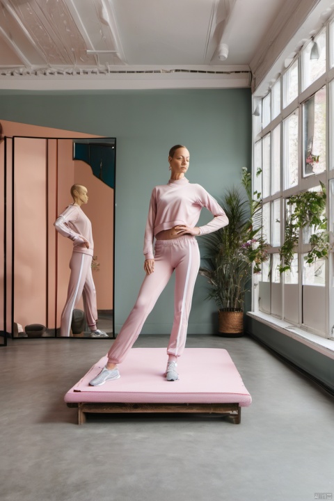 A mannequin in a tracksuit, a yoga studio, and mirrors all around the walls