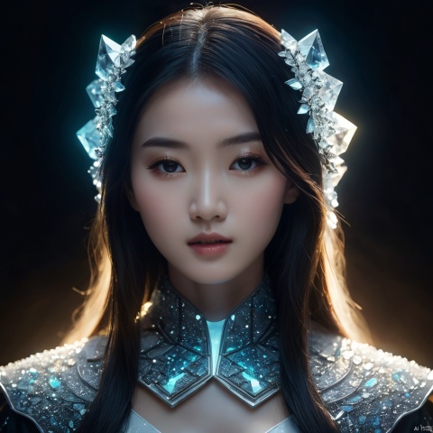  cinematic, fashion photo of a beautiful girl named yang ying in the style of neomorphism, the transformation of minerals into polymorphs, glowing crystals, hyper detailed, photorealistic, detailed glow, ambient occlusion, ambient light