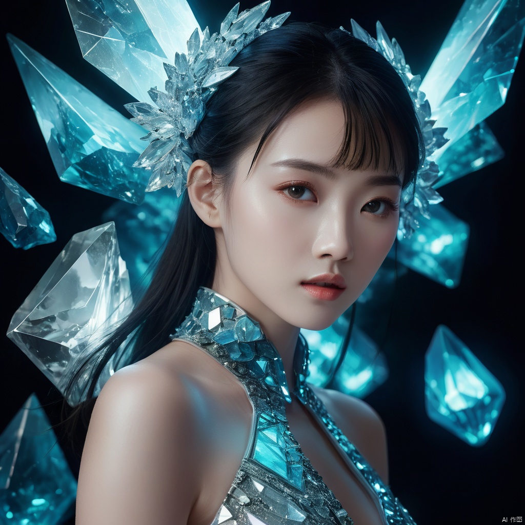  cinematic, fashion photo of a beautiful girl named li xuehua in the style of neomorphism, the transformation of minerals into polymorphs, glowing crystals, hyper detailed, photorealistic, detailed glow, ambient occlusion, ambient light