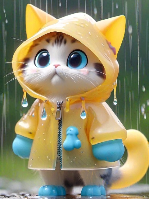  MG_ip,Pixar,rain, cat, no humans, hood, raincoat, whiskers, zipper, animal, solo, tail, animal focus, colored sclera, cat tail, yellow eyes, blue sclera, hood up, cat hood, jacket, Transparent raincoat