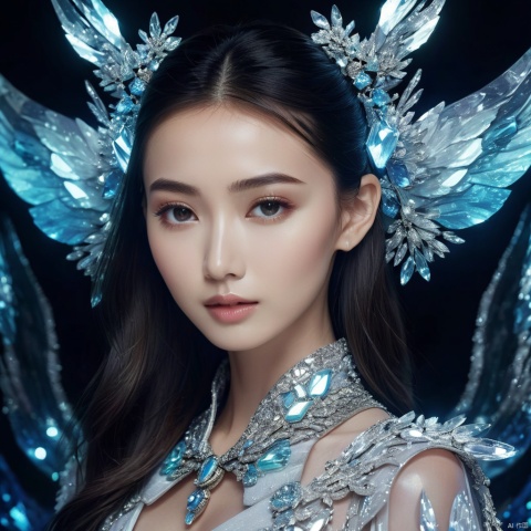  cinematic, fashion photo of a beautiful girl named angelababy in the style of neomorphism, the transformation of minerals into polymorphs, glowing crystals, hyper detailed, photorealistic, detailed glow, ambient occlusion, ambient light