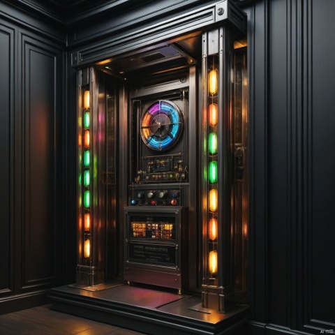  solid black background, The elevator model was made by using devices such as limit switch, nixie tube, direct current motor, rainbow colors, 8k hdr, high quality, extremely detailed, hyperrealistic, closeup,