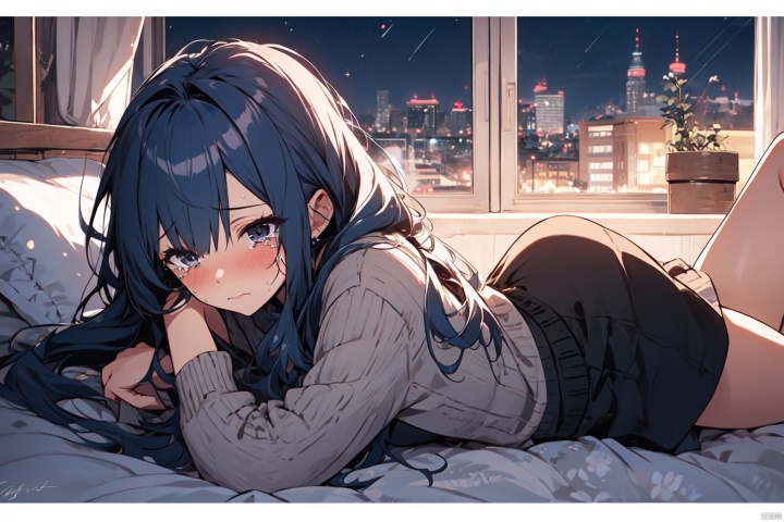  high quality, one girl, long blue hair, black eyes, casual wear, Crying expression, Night, carve up,Lying in bed, background bedroom