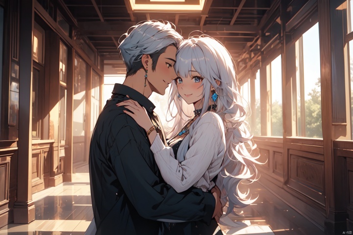  high quality, 2people,one girl, long blue hair, black eyes, casual wear, smiling, Gentleman, portrait, Manhuanan,jewelry,1boy,half body photo,white hair,hugging each other, background room