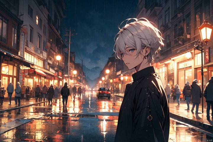  high quality, Manhuanan,jewelry,1boy,half body photo,white hair,Black Shirt, Stand,Night, carve up, street rain in the background