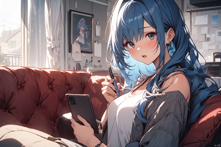  high quality, one girl, long blue hair, black eyes, casual wear, Open your mouth,Look at the phone,notebook in hand,Background in the object sofa