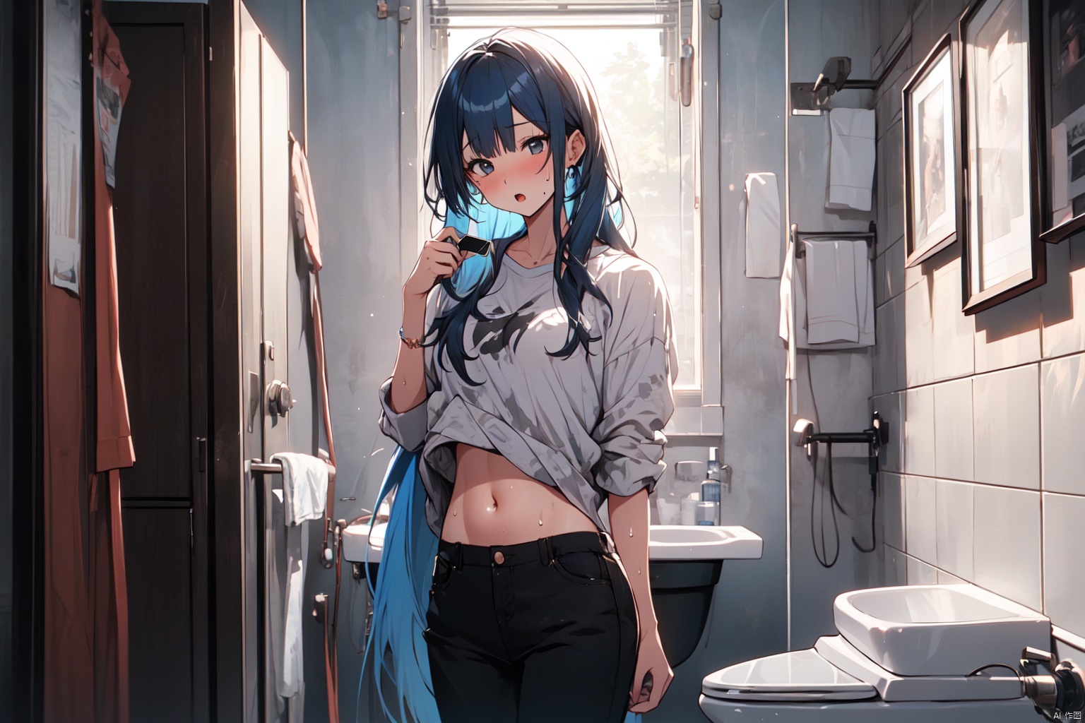  high quality, one girl, long blue hair, black eyes, casual wear, Open your mouth,Hold the phone ,Full head of sweat,Holding the stomach, the background in the toilet