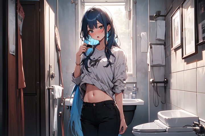  high quality, one girl, long blue hair, black eyes, casual wear, Open your mouth,Hold the phone ,Full head of sweat,Holding the stomach, the background in the toilet