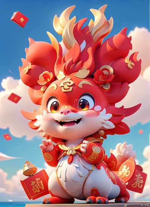 (Complex details, masterpiece, best quality, high-resolution, 8k) cartoon character, the whole body is blue, black eyes, glowing, red envelope surround, sea surface, simple background, Chinese style,clouds, CNY_stage, poakl cartoon newyear style, 3D blind box, HTTP