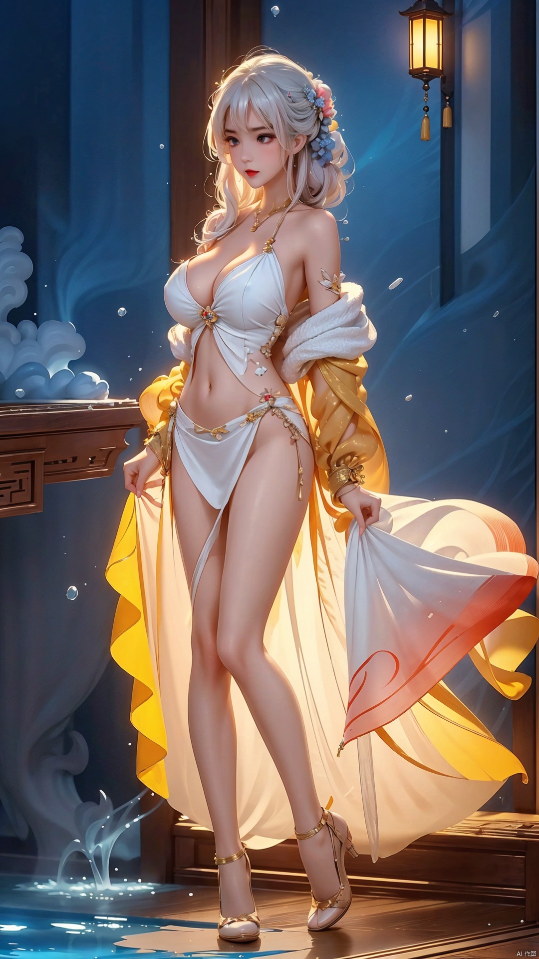  High quality, masterpiece, cinematic texture, Chinese elements, close-up of head and face, 1 girl bathing in the pool, white hair,shoulders exposed to the water surface (wrapped in a towel: 1.2),Forehead gemstone, (with a large amount of water vapor on the surface: 1.5), (hot spring), lantern, night, 1girl,yellow_footwear,high_heels,(naked:1.4), (gigantic_breasts 1:1.3),cleavage, Otherworldly appearance, Mesmerizing artistry,full body, navel, hand101,moyou, red lips