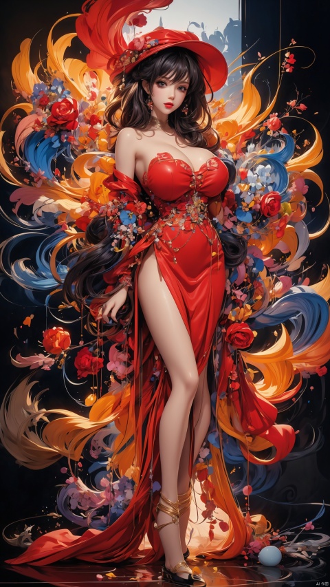  1girl,solo, red lips,(naked:1.1), (gigantic_breasts 1:1.3),cleavage, Otherworldly appearance, Mesmerizing artistry,full body,composition, Dazzling colors, Stunning visual effects,red lips, hat, sexy, red fishing net outfit,