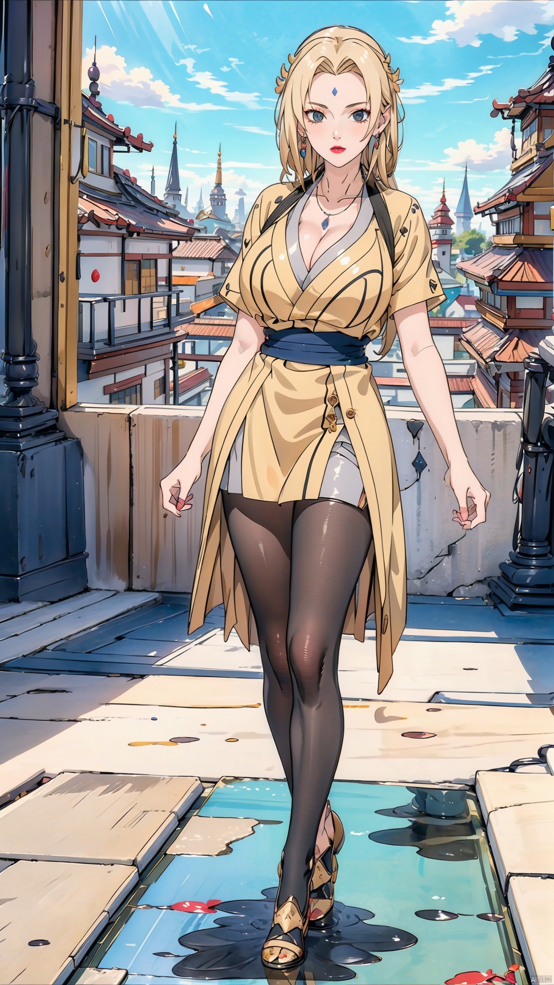  (masterpiece, best quality), 1girl, full_body,colorful_hair, light_blue_eyes,blonde, sssr, msn, Anime, hyuuga_hinata,bigchest, black pantyhose, CHUTIAN, Tsunade, red lips, Earrings, (gigantic_breasts 1:1.1), cleavage, gold armor