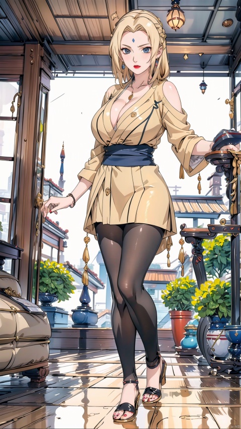  (masterpiece, best quality), 1girl, full_body,colorful_hair, light_blue_eyes,blonde, sssr, msn, Anime, hyuuga_hinata,bigchest, black pantyhose, CHUTIAN, Tsunade, red lips, Earrings, (gigantic_breasts 1:1.1), cleavage, gold armor