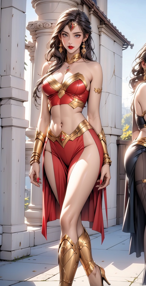  (masterpiece, best quality), 1girl, full_body , Tight latex clothing,Bodybuilding figure,red lips,Earrings, Wonder woman, gold armor, Wear loin cloth,Bare thighs