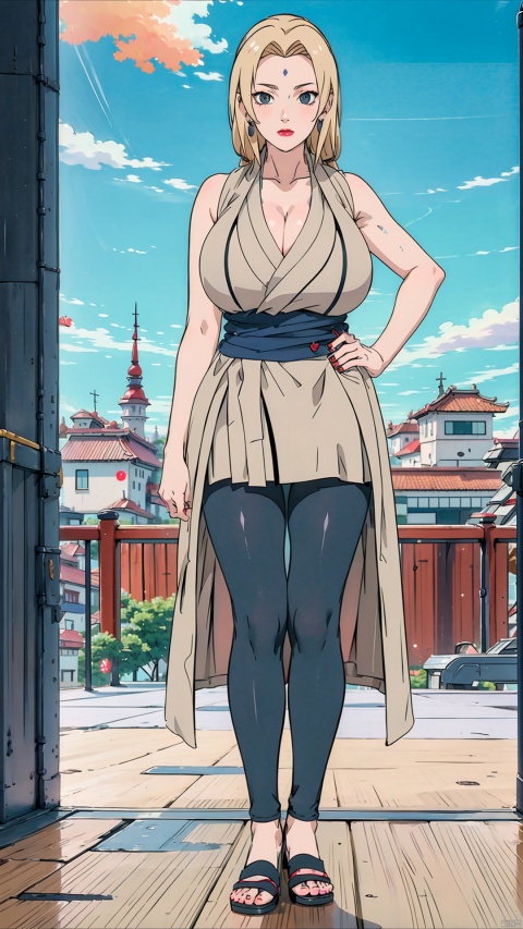  (masterpiece, best quality), 1girl, full_body,colorful_hair, light_blue_eyes,blonde, sssr, msn, Anime, hyuuga_hinata,bigchest, black pantyhose, CHUTIAN, Tsunade, red lips, Earrings, (gigantic_breasts 1:1.3), cleavage,Wear loin cloth,