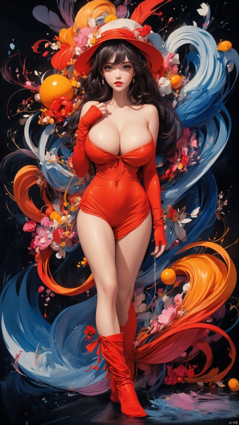  1girl,solo, red lips,(naked:1.1), (gigantic_breasts 1:1.3),cleavage, Otherworldly appearance, Mesmerizing artistry,full body,composition, Dazzling colors, Stunning visual effects,red lips, hat, sexy, red fishing net outfit, fishnet bodysuit