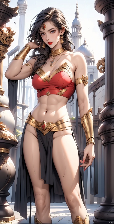  (masterpiece, best quality), 1girl, full_body , Bodybuilding figure,red lips,Earrings, Wonder woman, gold armor, Wear loin cloth,Bare thighs,femloin,Butt up at the audience,Punk