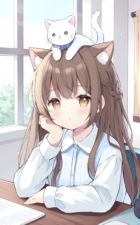 1girl, on head, cat, animal on head, long hair, indoors, shirt, plaid, solo, braid, animal, brown hair, cat on head, window, bangs, long sleeves, blush, upper body, closed mouth, collared shirt, plaid shirt, white cat, looking at viewer, brown eyes