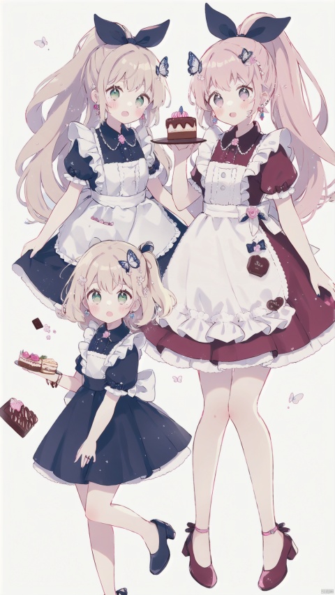  long hair, blush, open mouth, bangs, multiple girls, blonde hair, simple background, hair ornament, white background, dress, bow, ribbon, holding, 2girls, jewelry, green eyes, ponytail, short sleeves, hair bow, earrings, frills, food, striped, pink eyes, apron, high heels, watermark, frilled dress, bug, pink bow, butterfly, box, pink dress, gift, pink ribbon, cake, mirror, chocolate, copyright