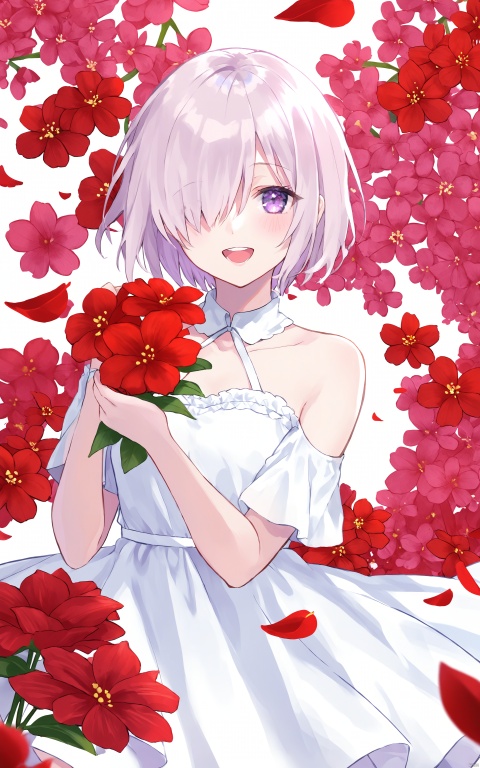 1girl, dress, hair over one eye, white dress, mash kyrielight, purple eyes, flower, open mouth, smile, looking at viewer, short hair, holding, red flower, teeth, bare shoulders, solo, bangs
