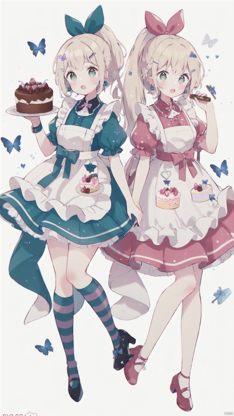  long hair, blush, open mouth, bangs, multiple girls, blonde hair, simple background, hair ornament, white background, dress, bow, ribbon, holding, 2girls, jewelry, green eyes, ponytail, short sleeves, hair bow, earrings, frills, food, striped, pink eyes, apron, high heels, watermark, frilled dress, bug, pink bow, butterfly, box, pink dress, gift, pink ribbon, cake, mirror, chocolate, copyright