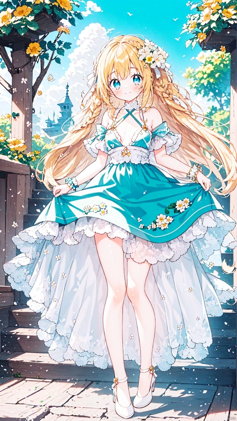 1girl, solo, long hair, looking at viewer, blush, smile, bangs, blue eyes, blonde hair, dress, ribbon, bare shoulders, very long hair, closed mouth, standing, full body, hair ribbon, braid, flower, outdoors, frills, sky, day, off shoulder, white dress, high heels, tree, blue sky, wrist cuffs, white footwear, frilled dress, white ribbon, pink flower, stairs, off-shoulder dress,nippels,naked