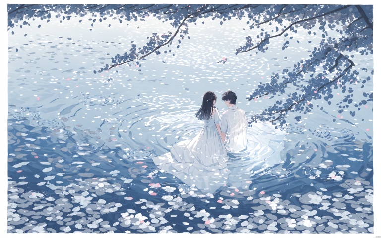  (best quality), ((masterpiece)),flat-style,1girl, long hair, dress, black hair, 1boy, ripples, water, white dress, branch, petals