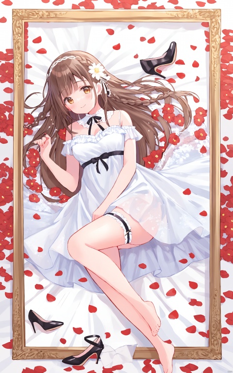 1girl, dress, lying, brown hair, solo, on back, breasts, shoes removed, smile, long hair, white dress, high heels, barefoot, flower, braid, bridal garter, shoes, looking at viewer, ribbon, blush, picture frame, petals